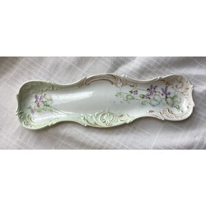 Vintage Celery/Serving Dish Purple Flowers & Gold Details 9.2” Long